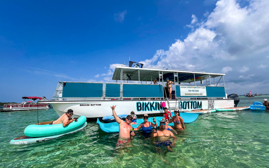 bikini bottom people on floats in water